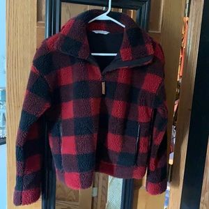 red and black plaid fluffy zip up jacket